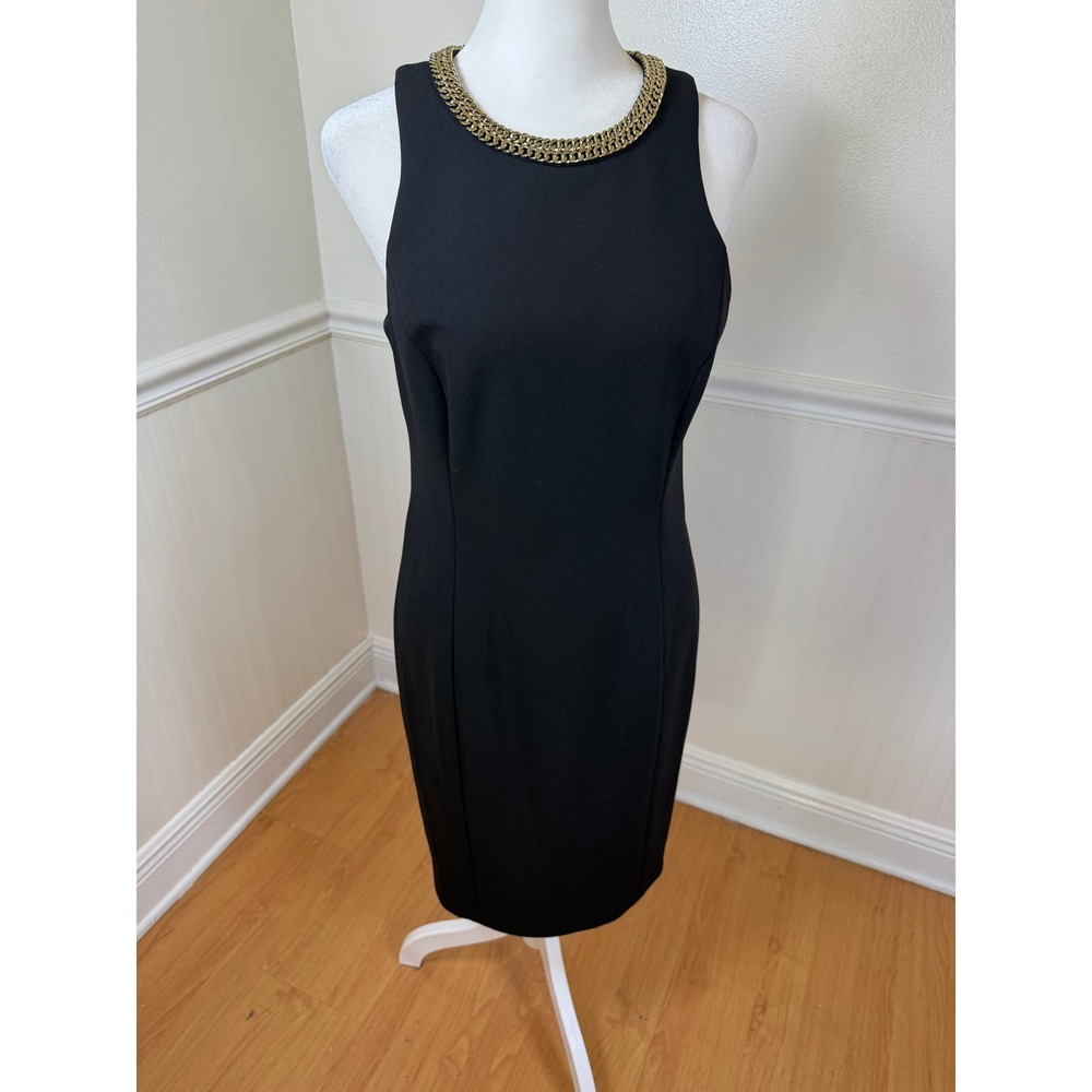 Calvin Klein Sheath Dress Women 6 Black Gold Chain Neck Sleeveless Cocktail